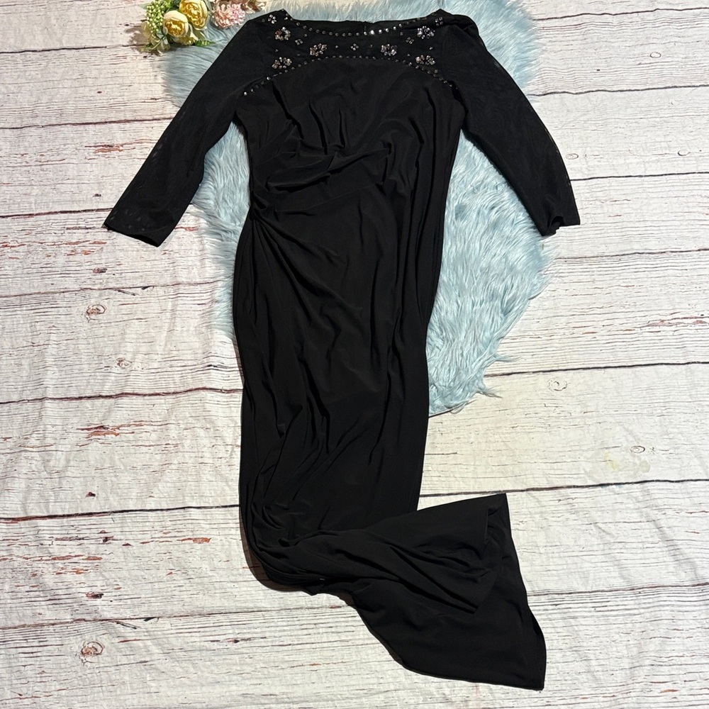 Jessica Howard Embellished Mesh Neckline Quartet Sleeve Long Black Evening Dress